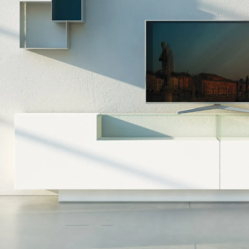 Sideboard in White Mdf with Glass Case and Plinth Base Made in Italy - Kisha Viadurini