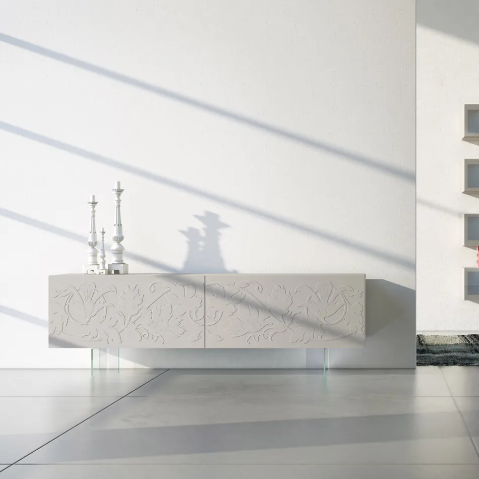 Sideboard in Light Gray Mdf with Glass Feet Made in Italy - Germena Viadurini