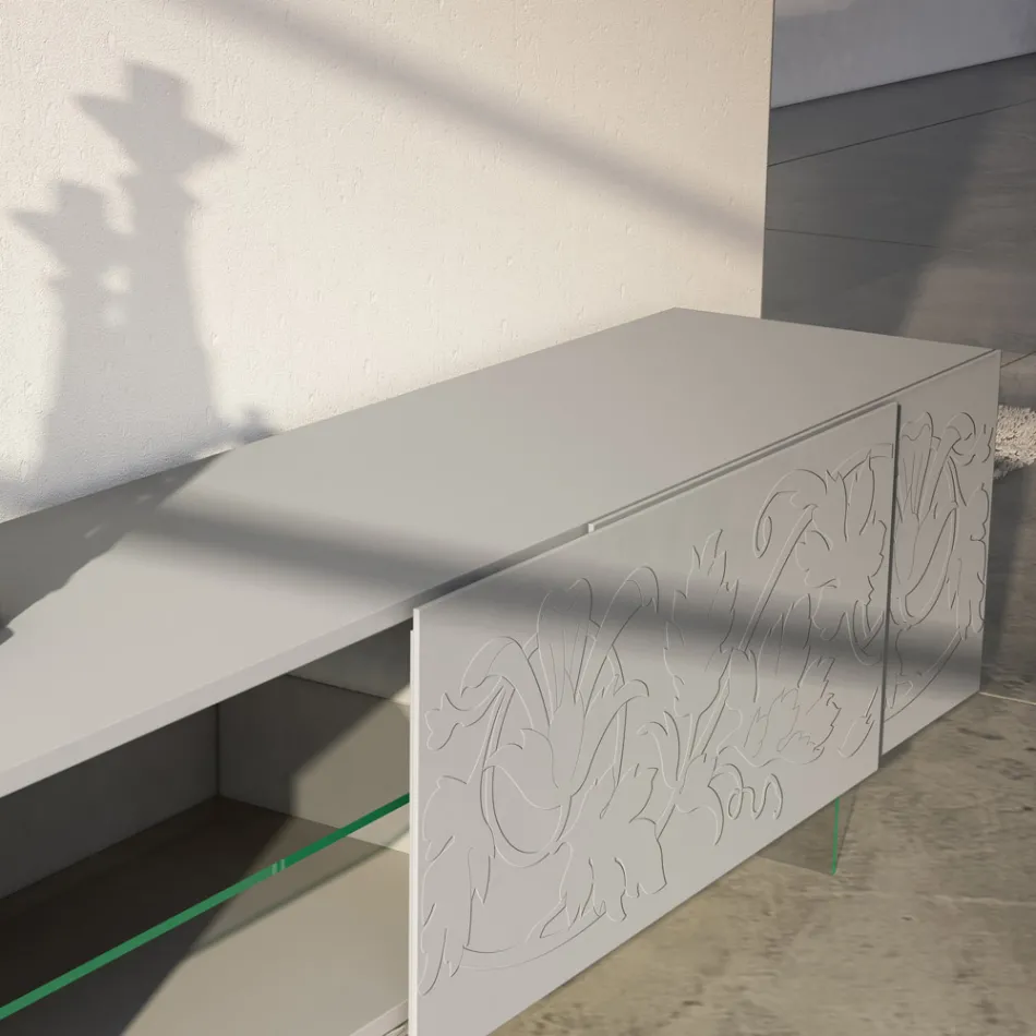 Sideboard in Light Gray Mdf with Glass Feet Made in Italy - Germena Viadurini