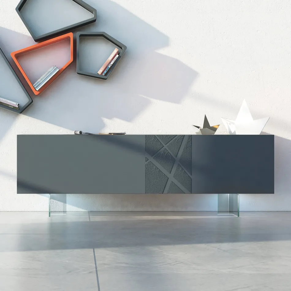 Sideboard in Graphite Gray Mdf with Glass Feet Made in Italy - Zelia Viadurini