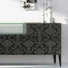Sideboard in Black Mdf with Glass Case and Decorated Doors Made in Italy - Marissa Viadurini