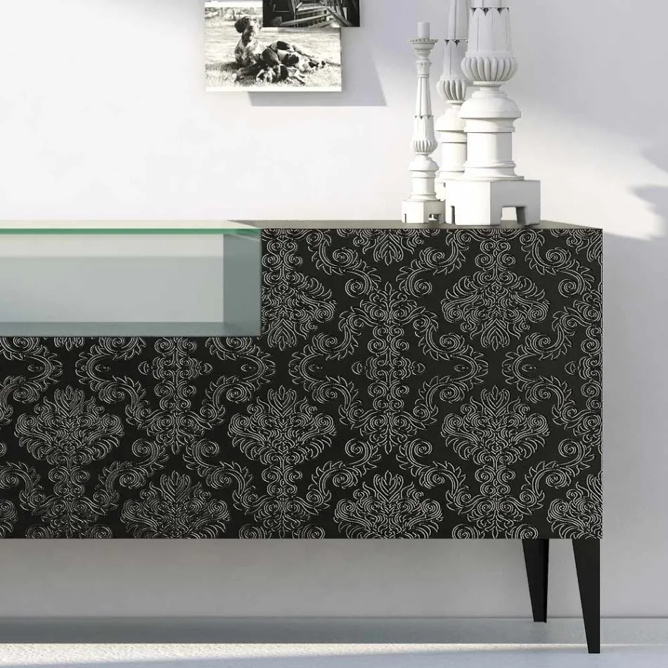 Sideboard in Black Mdf with Glass Case and Decorated Doors Made in Italy - Marissa Viadurini
