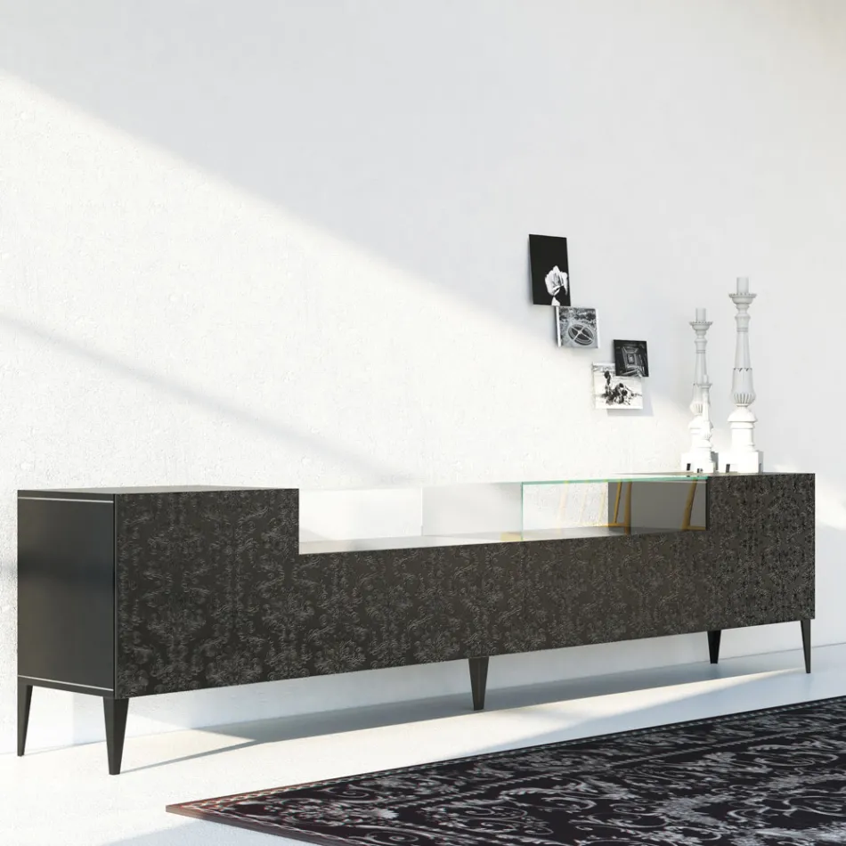 Sideboard in Black Mdf with Glass Case and Decorated Doors Made in Italy - Marissa Viadurini