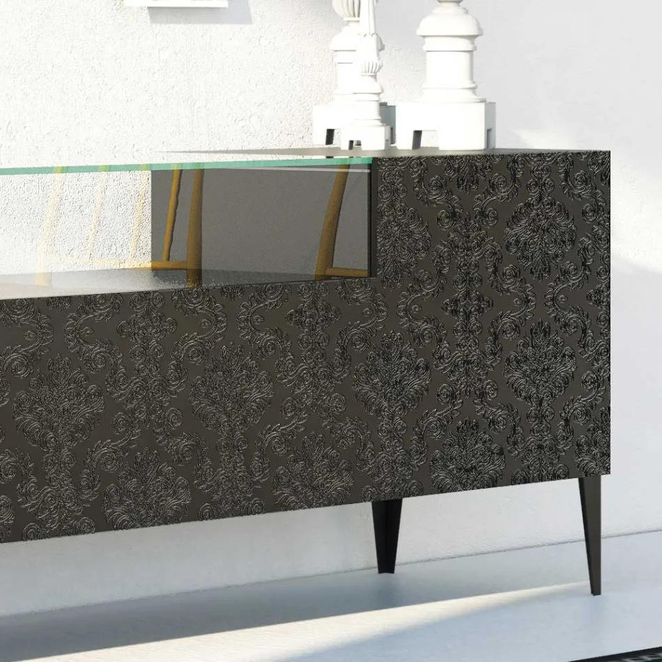 Sideboard in Black Mdf with Glass Case and Decorated Doors Made in Italy - Marissa Viadurini