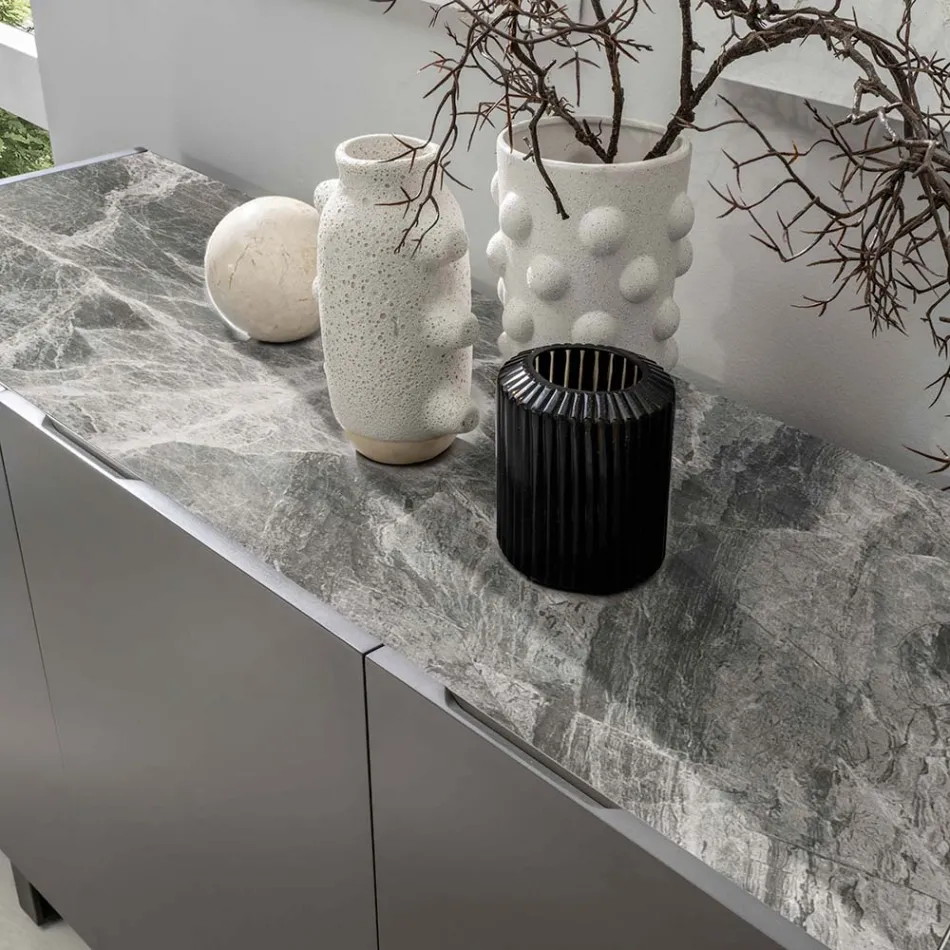 Sideboard in MDF, Top in Gray Marble Effect Ceramic with 3 Push-pull - Click Doors Viadurini