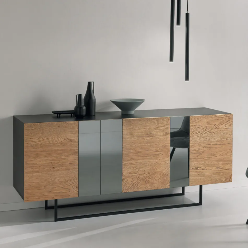 Sideboard in melamine with 3 oak doors and mirror Made in Italy - Romina Viadurini