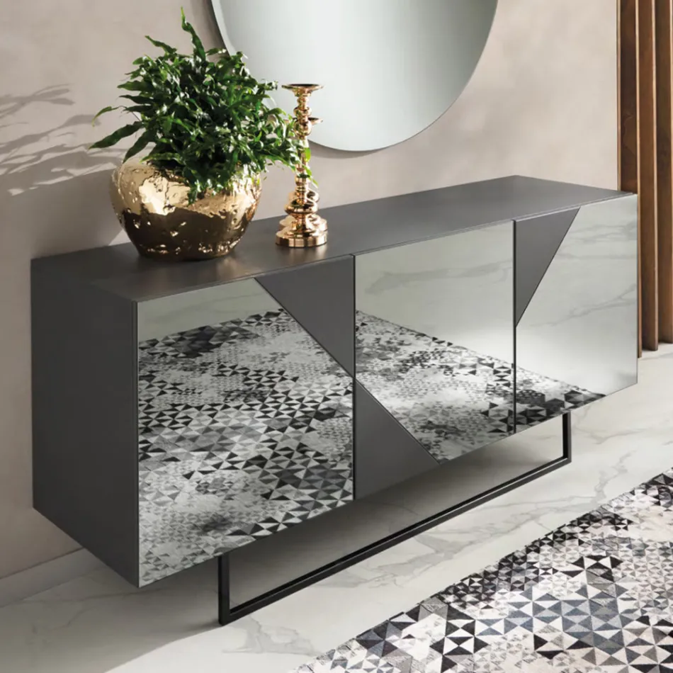Modern Sideboard with Mdf Doors Covered in Mirror Made in Italy - Morgana Viadurini