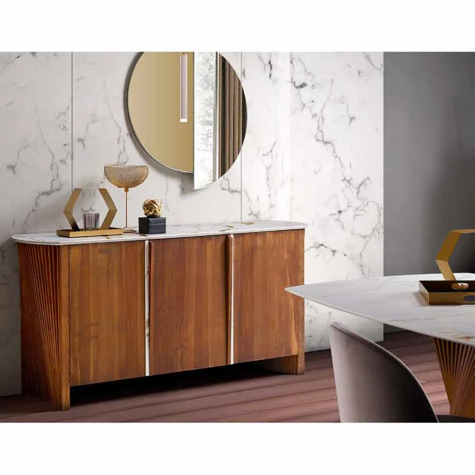 Modern Wooden Sideboard with Top and Door in Marble Gres Made in Italy - Wonka Viadurini