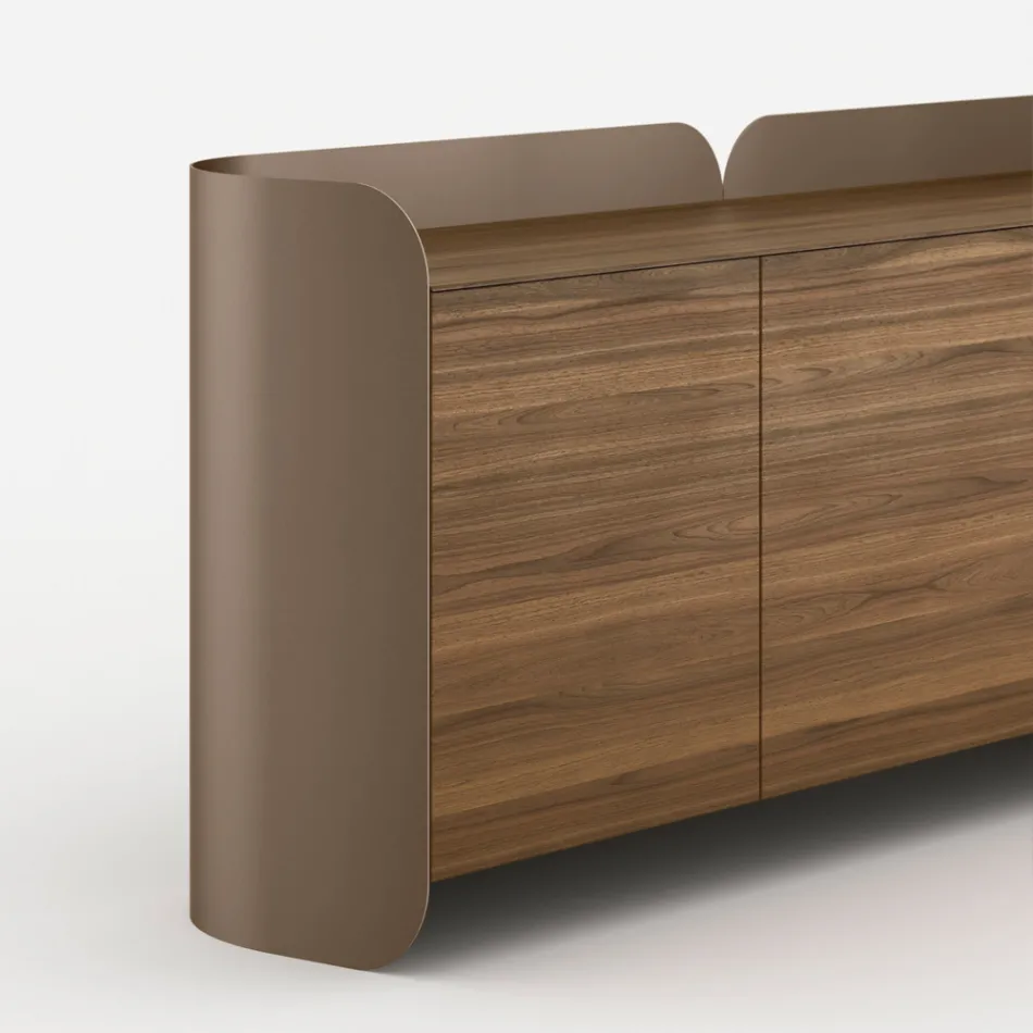 Modern Sideboard in Wood and Curved Metal, Made in Italy - Rugiada Viadurini