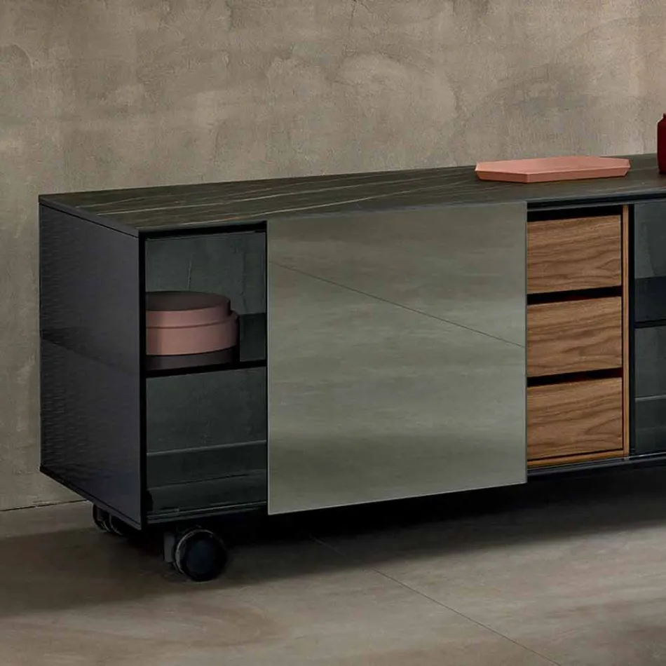 Modern Sideboard on Smoked Glass Wheels and Ceramic Top Made in Italy - Sciocca Viadurini