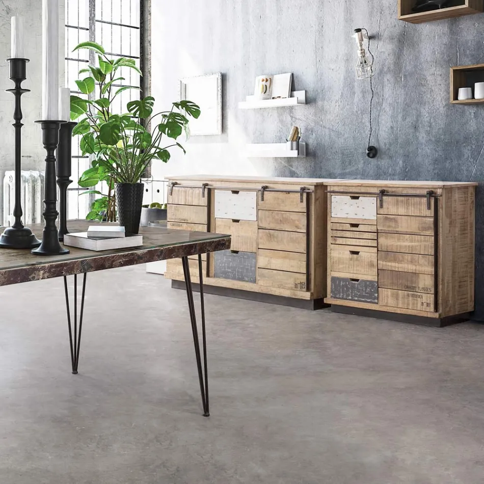 Living Room Sideboard in Mango Wood and Steel with 2 Doors and 3 Drawers - Sinfony Viadurini