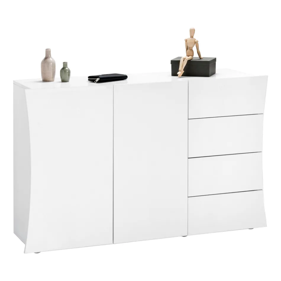 Living Room Sideboard 2 Doors 4 Drawers in Arched Glossy White Wood - Sabine Viadurini