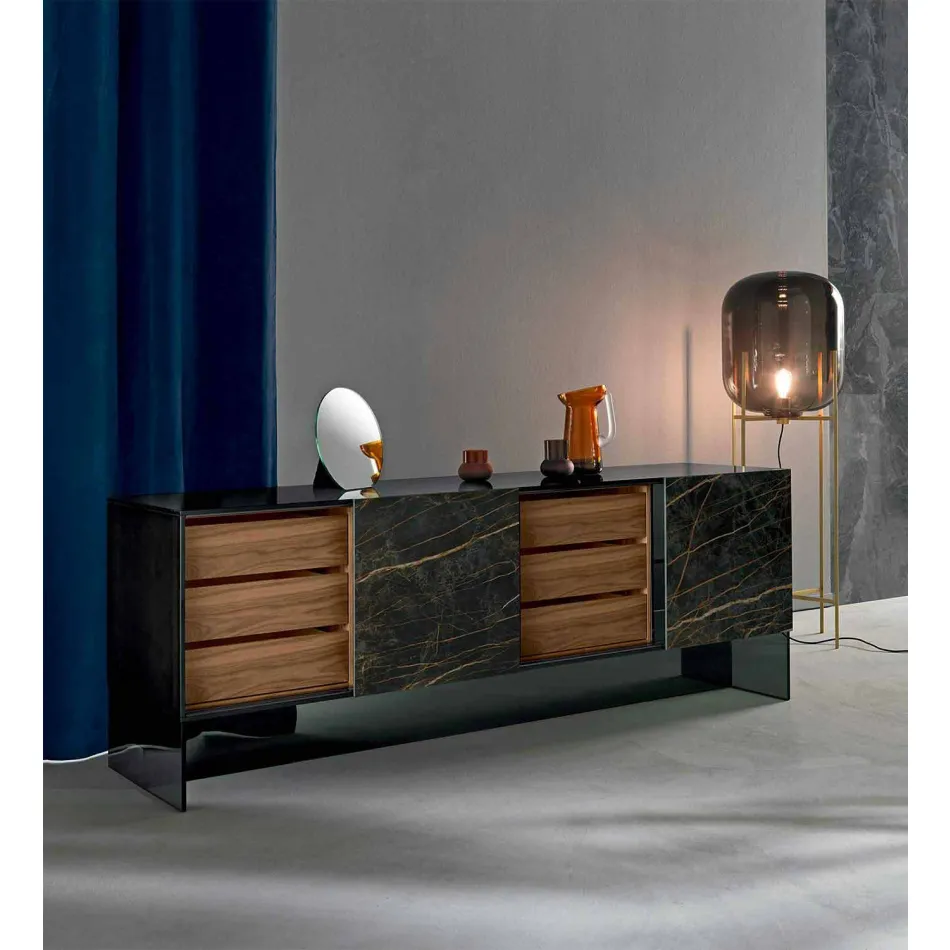 Living Room Sideboard 2 Ceramic Doors and Smoked Glass Structure Made in Italy - Sciocca Viadurini