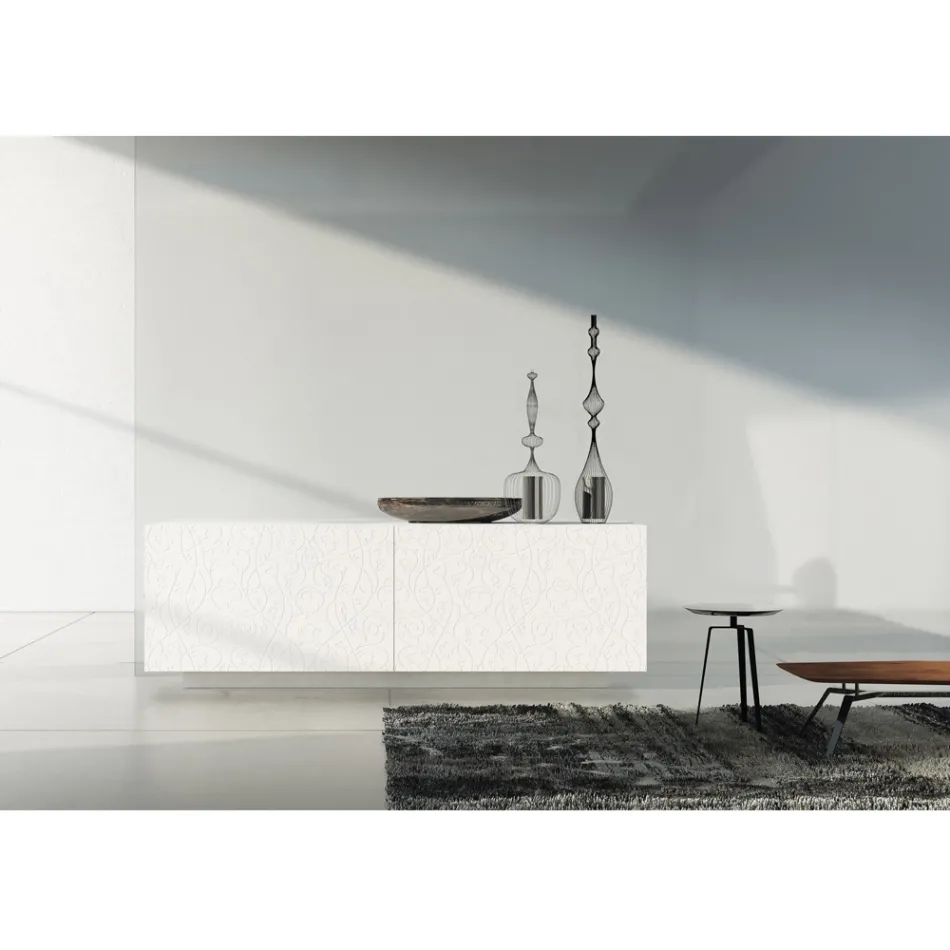 Living Room Sideboard in White Lacquered Mdf with Bas-relief Made in Italy - Acqua Viadurini