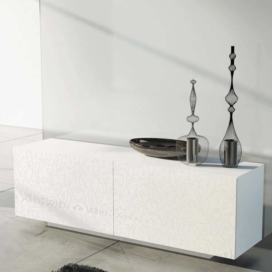 Living Room Sideboard in White Lacquered Mdf with Bas-relief Made in Italy - Acqua Viadurini