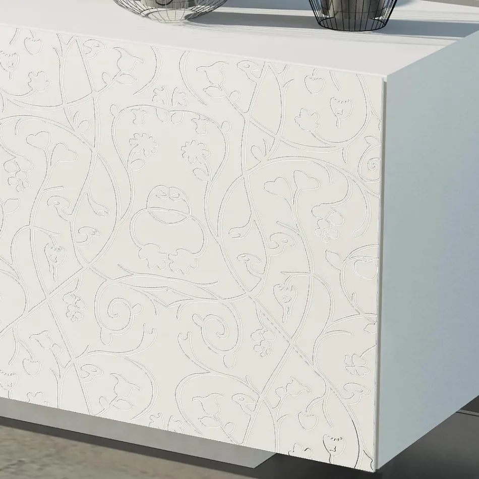 Living room sideboard in White Lacquered Mdf with Bas-relief Made in Italy - Acqua Viadurini