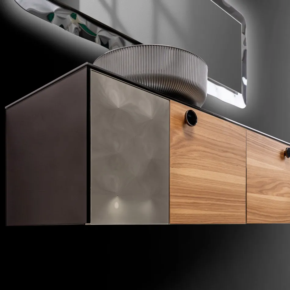 160 cm Wall-Hung Bathroom Cabinet in 8 mm Tempered Glass and European Oak - Excelsior Viadurini