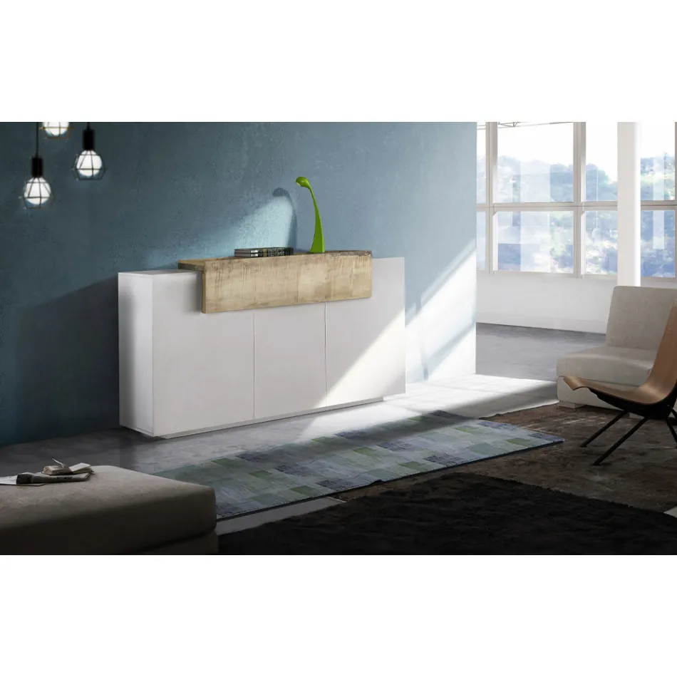 Mobile Sideboard 4 Doors White and Anthracite Wood, Cement or Maple - Therese Viadurini