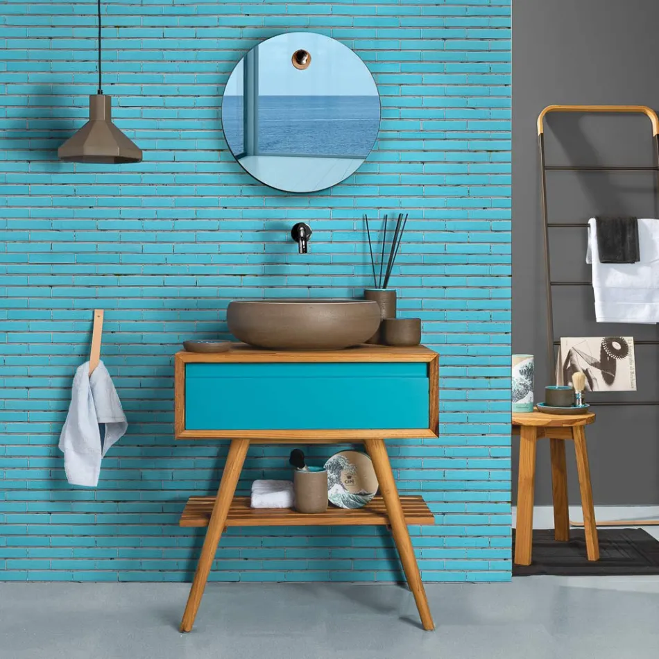 Floor-standing Blue Bathroom Cabinet in Natural Teak with Colored Drawer - Gatien Viadurini