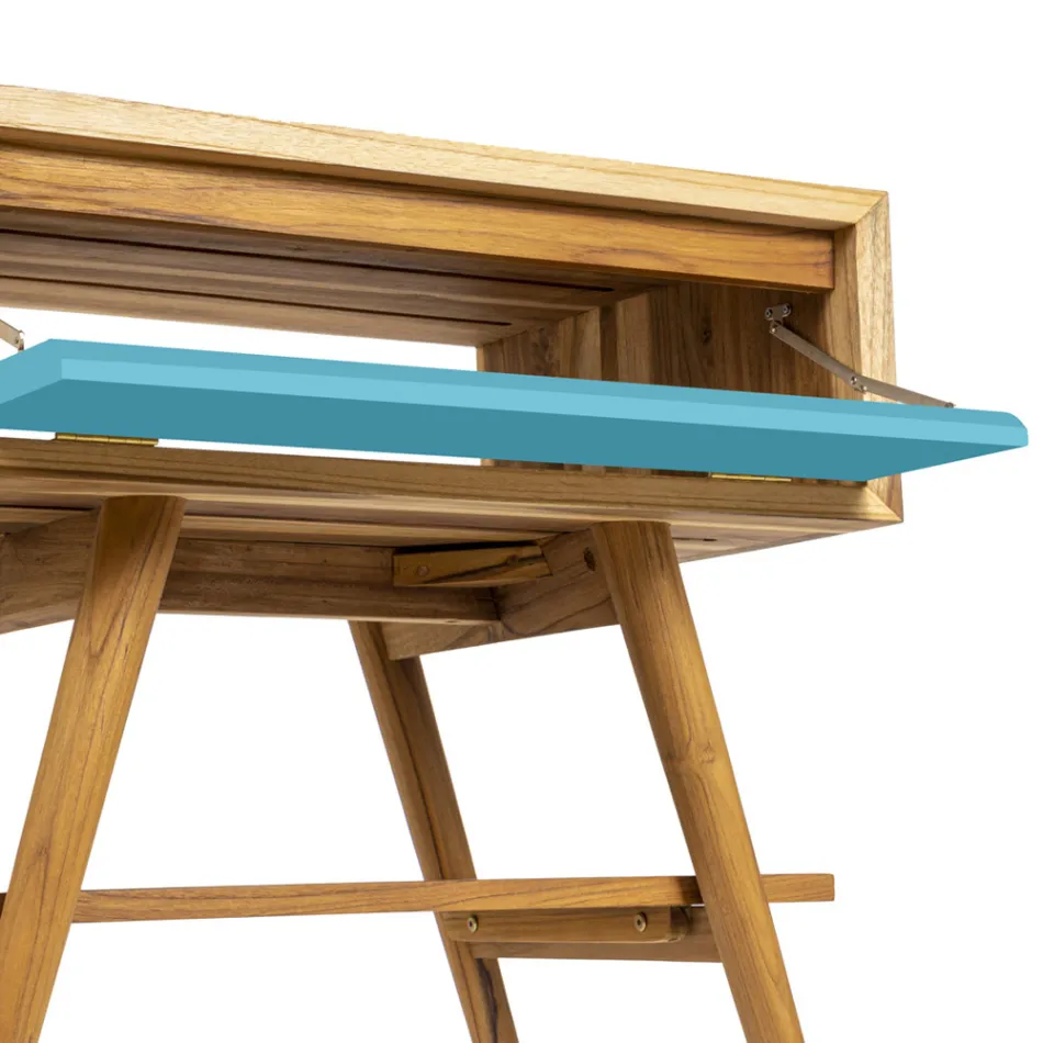 Floor-standing Blue Bathroom Cabinet in Natural Teak with Colored Drawer - Gatien Viadurini