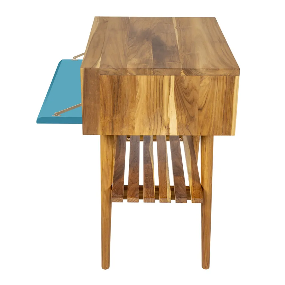 Floor-standing Blue Bathroom Cabinet in Natural Teak with Colored Drawer - Gatien Viadurini