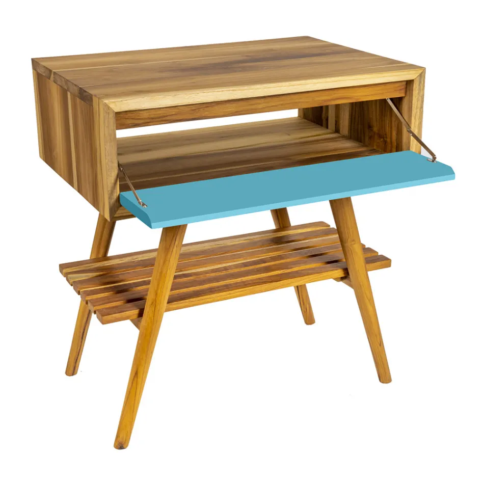 Floor-standing Blue Bathroom Cabinet in Natural Teak with Colored Drawer - Gatien Viadurini