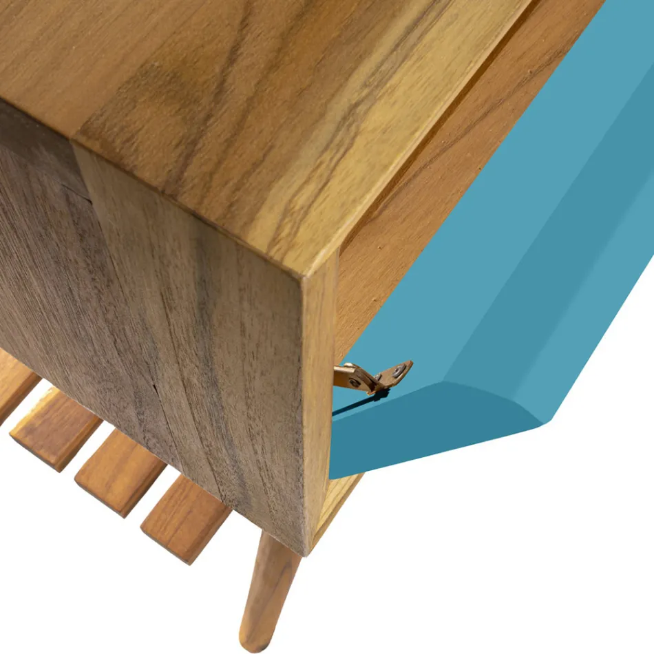 Floor-standing Blue Bathroom Cabinet in Natural Teak with Colored Drawer - Gatien Viadurini