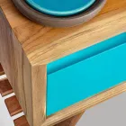 Floor-standing Blue Bathroom Cabinet in Natural Teak with Colored Drawer - Gatien Viadurini