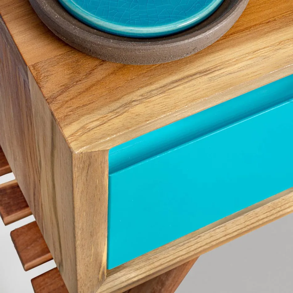Floor-standing Blue Bathroom Cabinet in Natural Teak with Colored Drawer - Gatien Viadurini