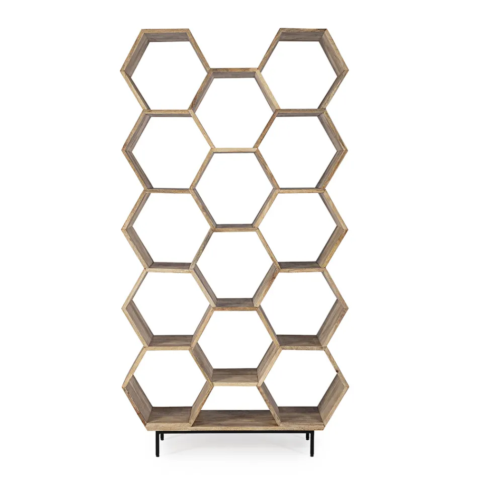 Living Room Bookcase in Mango Wood Honeycomb Design - Carida Viadurini