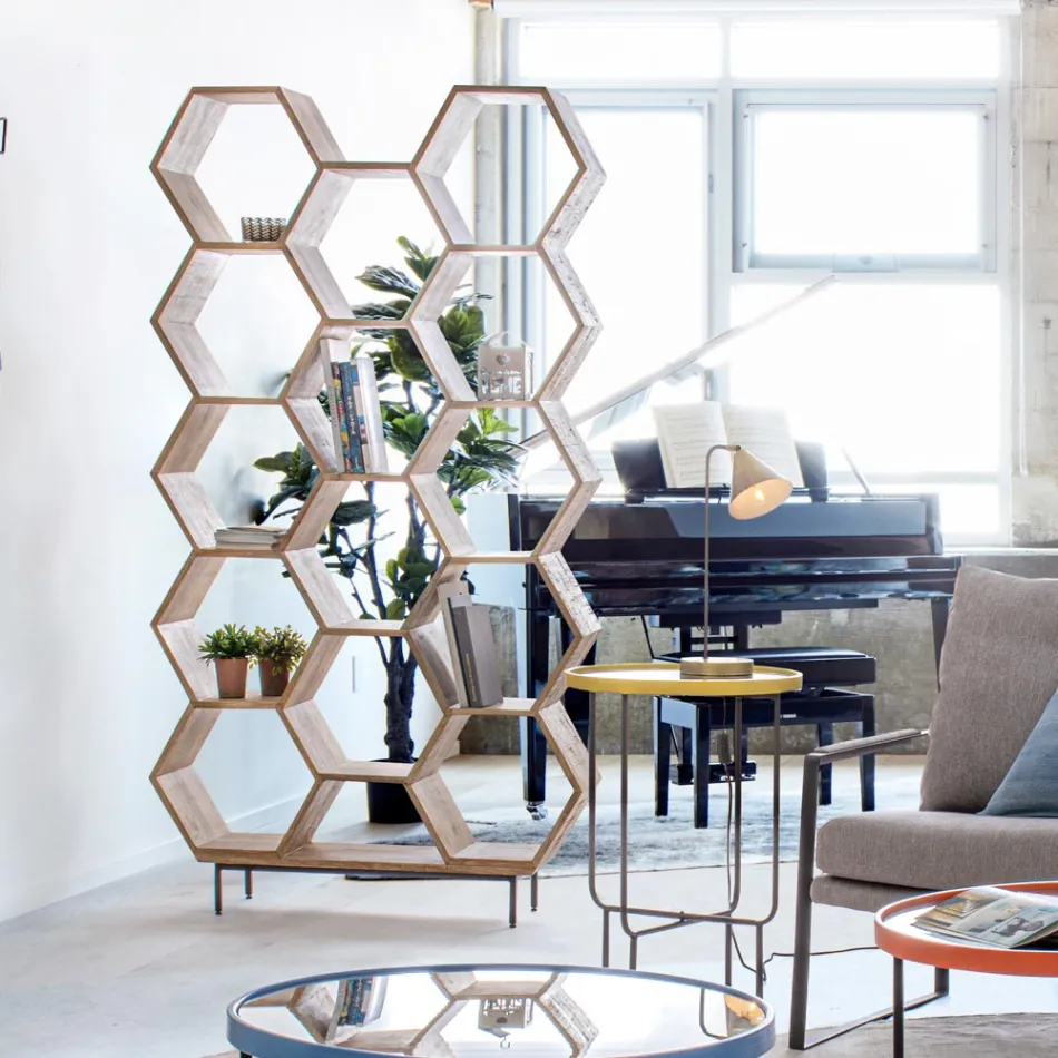 Living Room Bookcase in Mango Wood Honeycomb Design - Carida Viadurini
