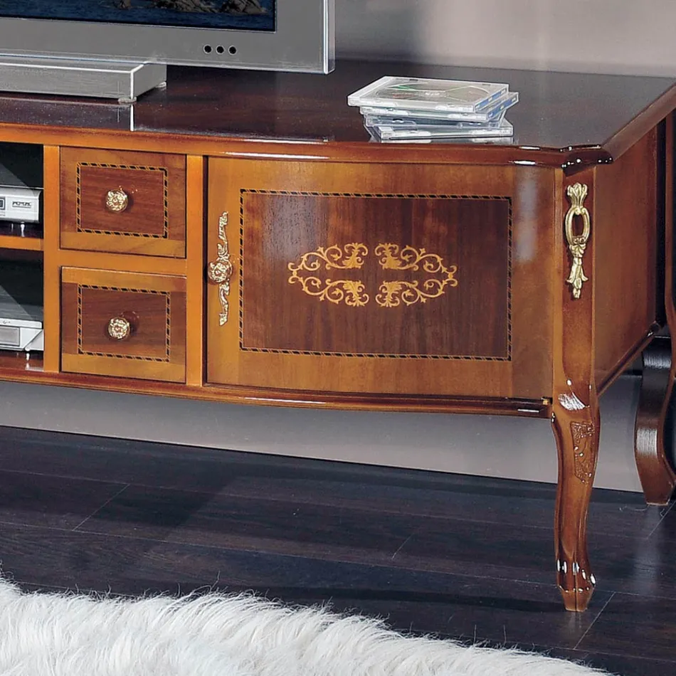 Classic Wooden TV Stand with Inlays Made in Italy - Katerine Viadurini