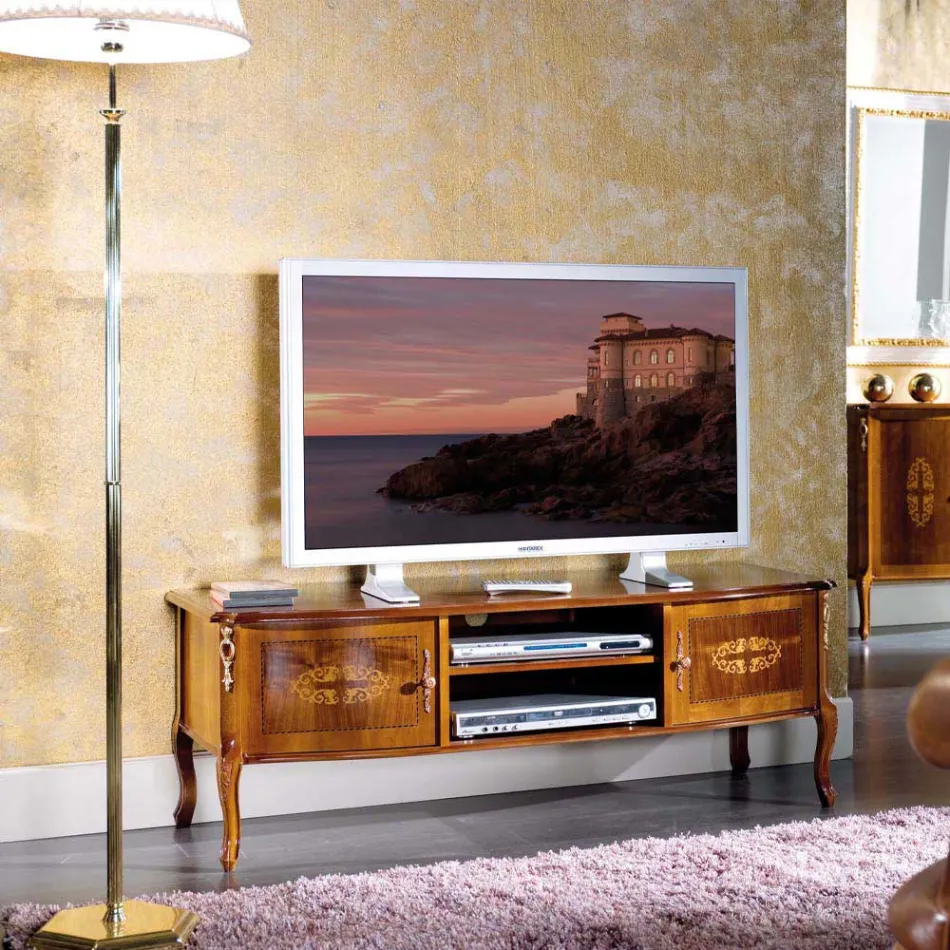 Classic Wooden TV Stand with Inlays Made in Italy - Katerine Viadurini