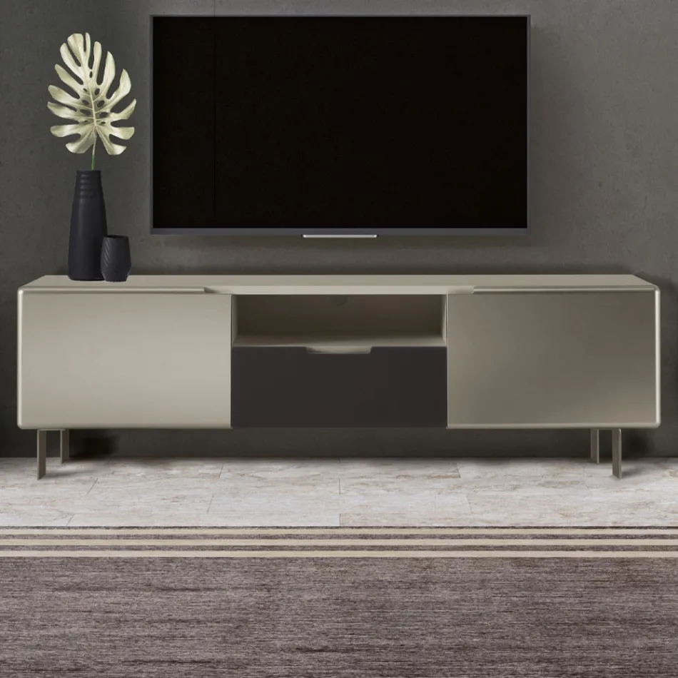 TV Cabinet with 2 Doors and 1 Drawer in Nickel and Carbon Finish - Inga Viadurini