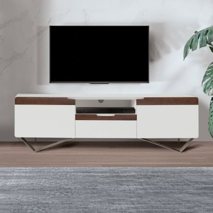 TV Cabinet with 2 Doors in Canaletto and White Finish Made in Italy - Kari Viadurini