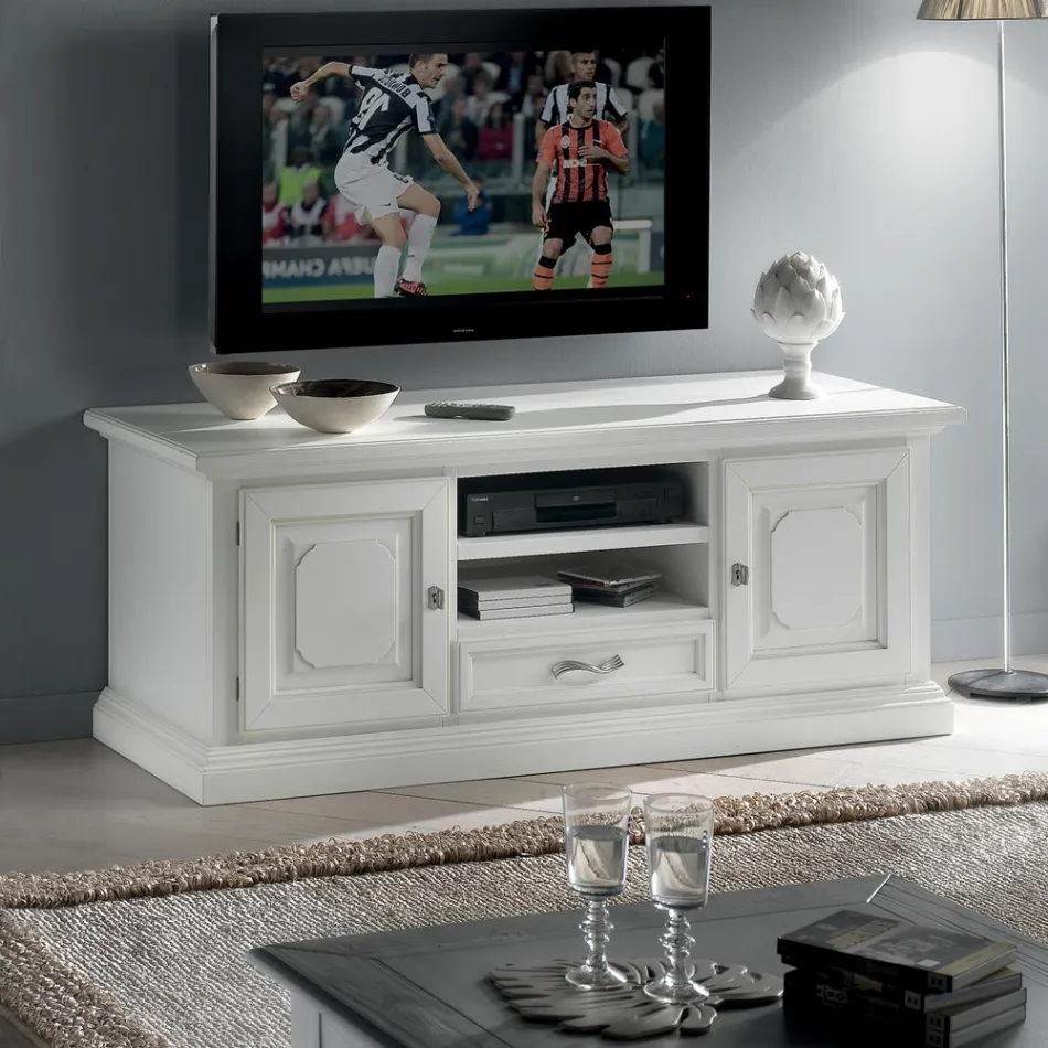 TV Cabinet with 2 Open Compartments and 2 White Lacquered Doors Made in Italy - Atai Viadurini