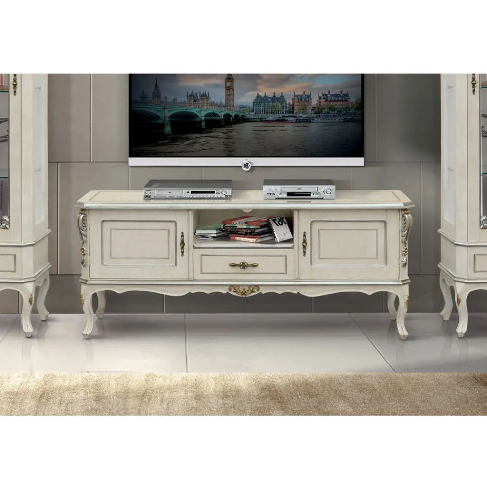 Luxury TV Cabinet in White and Silver Wood Made in Italy - Cheverny Viadurini