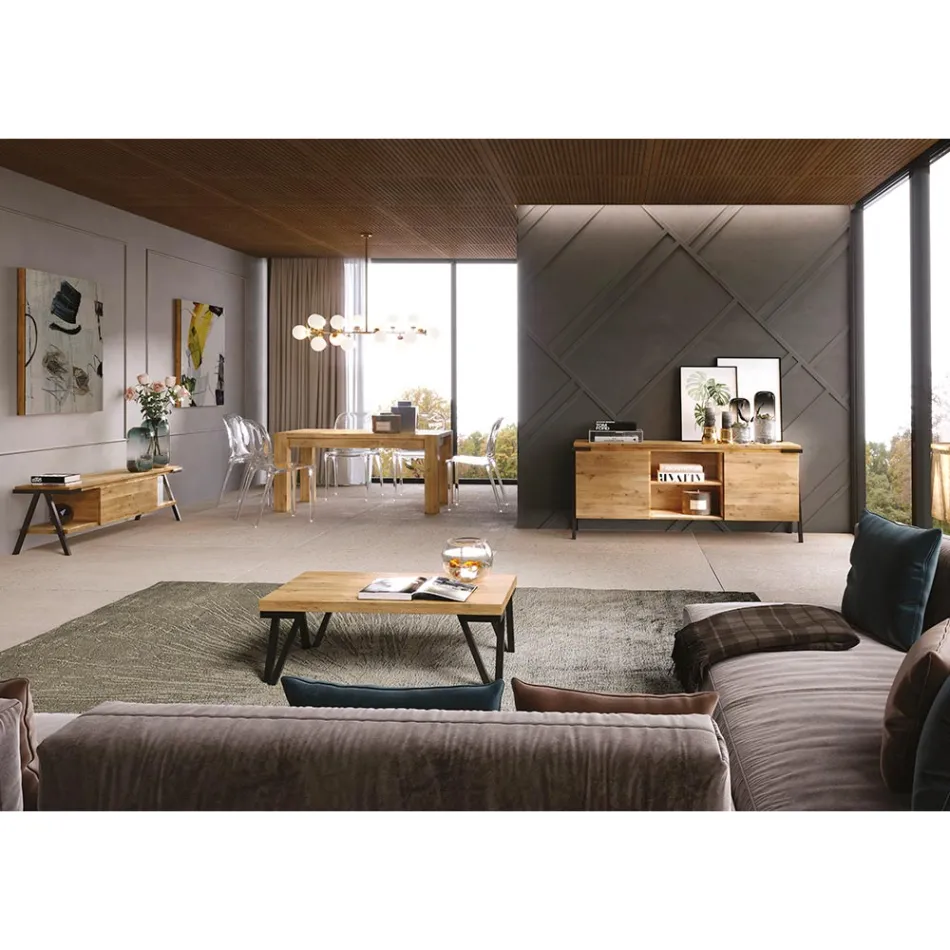 TV Stand in Knotted Oak Wood and Metal Made in Italy - Jennifer Viadurini