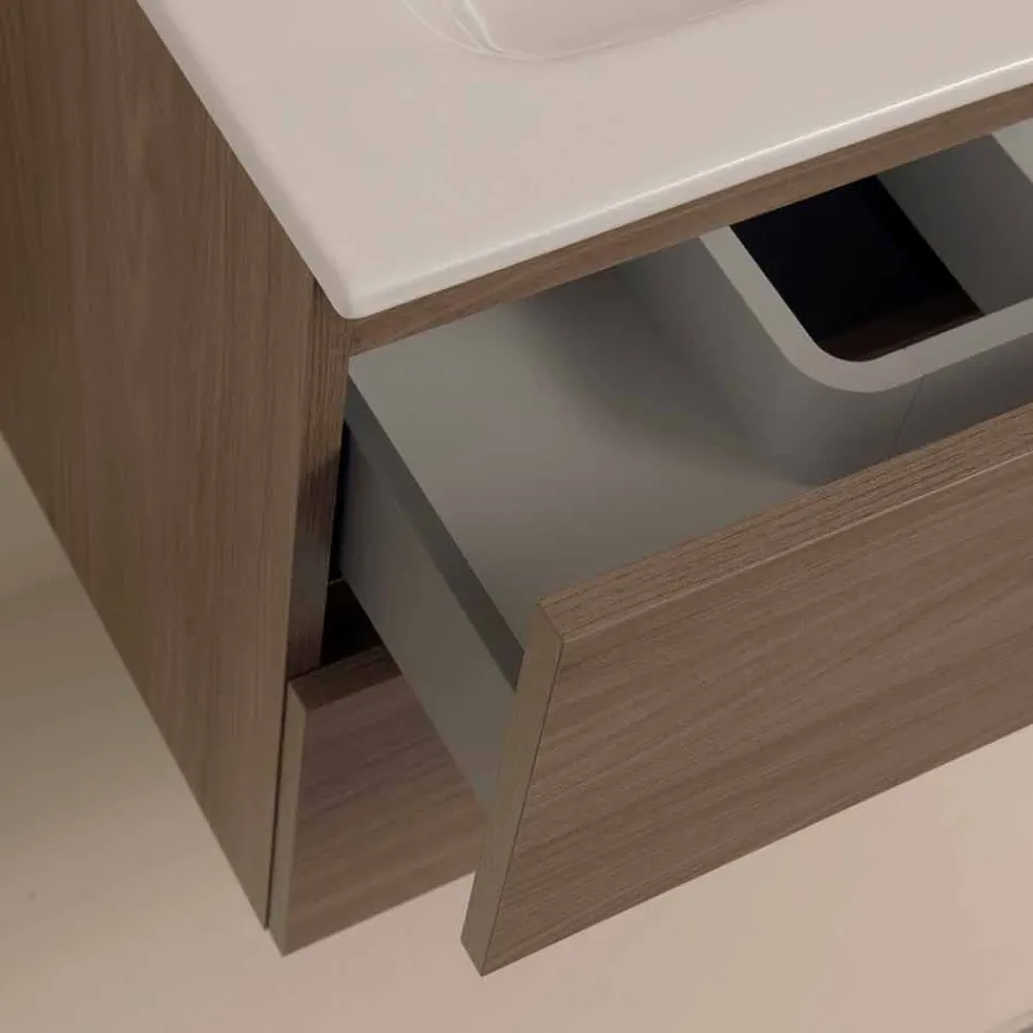 Suspended Design Bathroom Furniture in Melamine Walnut - Becky Viadurini