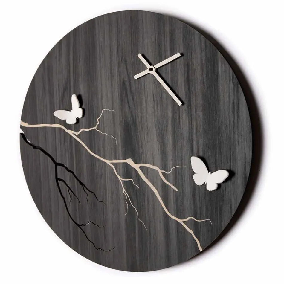 Round Design Wall Clock in Laser Engraved Wood and 3D Butterflies - Farfo Viadurini