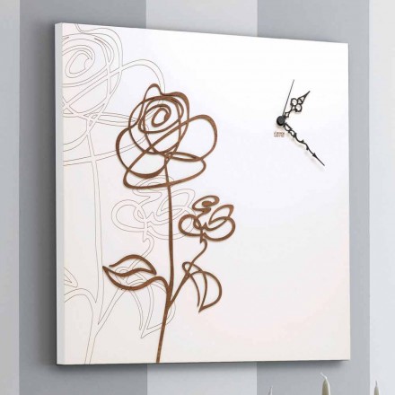 Square White Wooden Wall Clock with Modern Rose Decoration - Bucaneve Viadurini