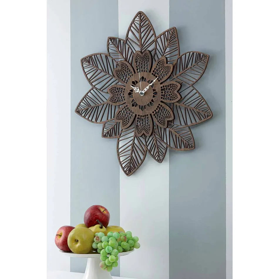 Wall Clock in Light or Dark Wood with a Modern Flower Design - Aquilegia Viadurini