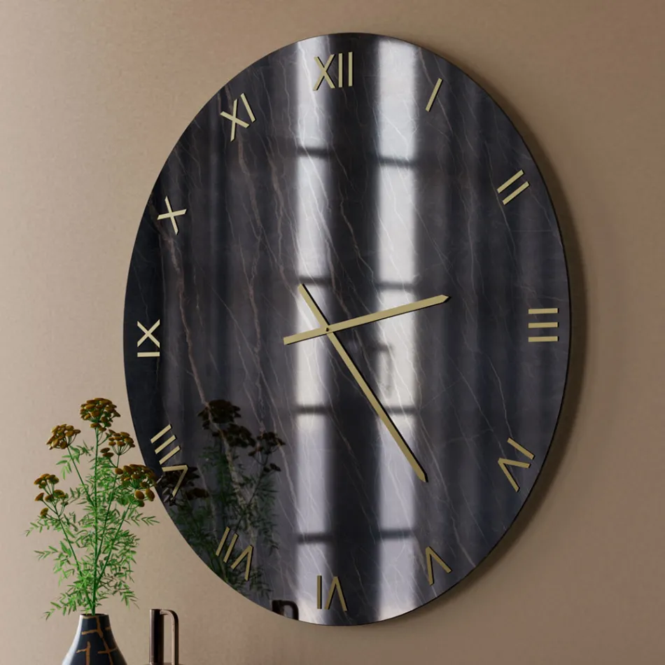 Black Gold Marble Effect Glass Wall Clock with Brass Hands - Cortex Viadurini