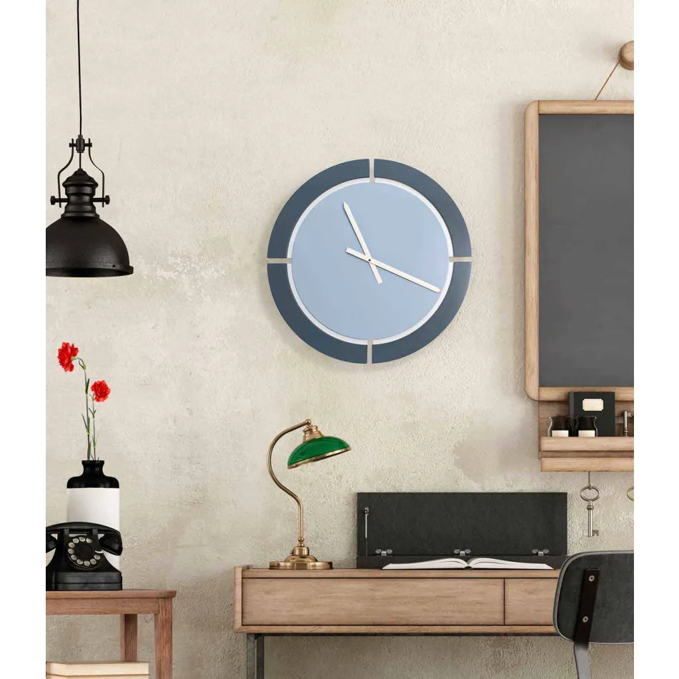 Modern Design Round Wall Clock in Avio Blue White Wood - Savio Viadurini