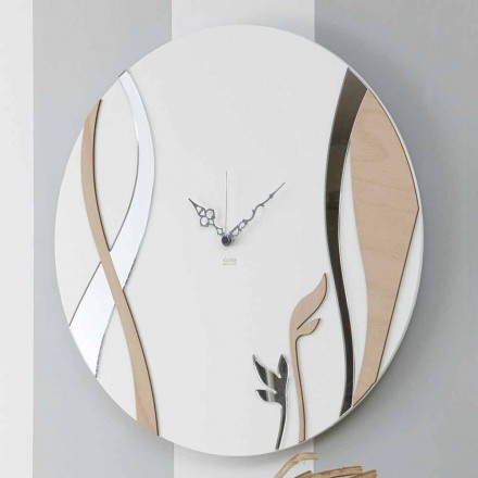 Modern and Round Wall Clock with Decorated Wood Design - Armonio Viadurini