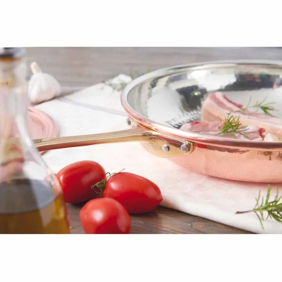 Round Pan in Tinned Copper by Hand with Handle and Lid 20 cm - Gianluigi Viadurini