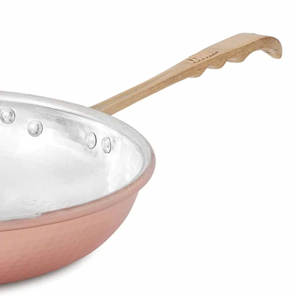 Round Frying Pan in Hand Tinned Copper with Handle and Lid 32 cm - Gianluigi Viadurini