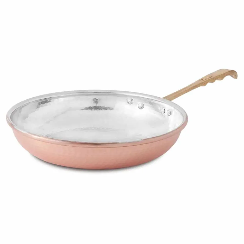 Round Frying Pan in Hand Tinned Copper with Handle and Lid 32 cm - Gianluigi Viadurini