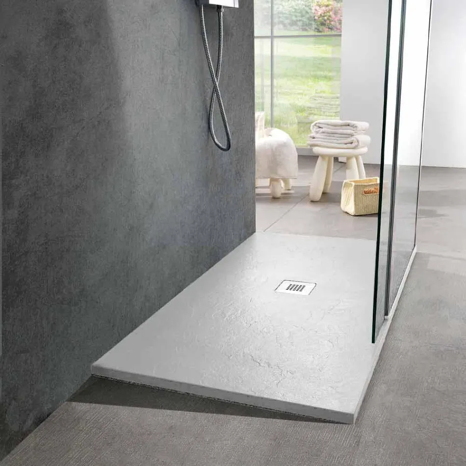 Resin Shower Tray 140x80 in Modern White Slate Effect Finish - Sommo Viadurini