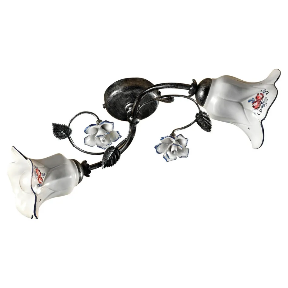 2 Lights Ceiling Lamp in Metal and Ceramic with Hand Painted Roses - Pisa Viadurini